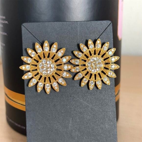 Avon Vintage Gold Sunburst Rhinestone Earring Set Anniversary Circle Dot Signed - Picture 1 of 8